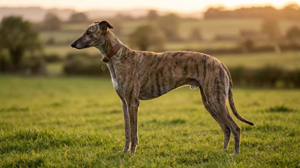 Greyhound standing in profile showing its athletic build and streamlined physique