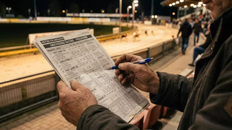 Greyhound racing betting for beginners — close-up of a race card held by a spectator at a floodlit track