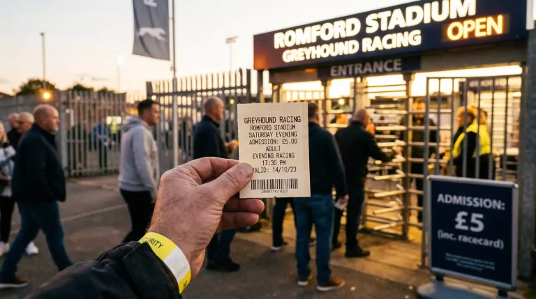 Greyhound racing entry ticket and stadium admission gate