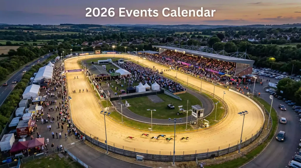 Greyhound racing events calendar 2026 at a packed UK stadium