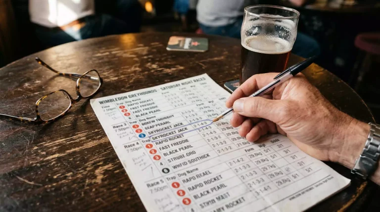 Close-up of a greyhound race card with form figures and a pen on a table
