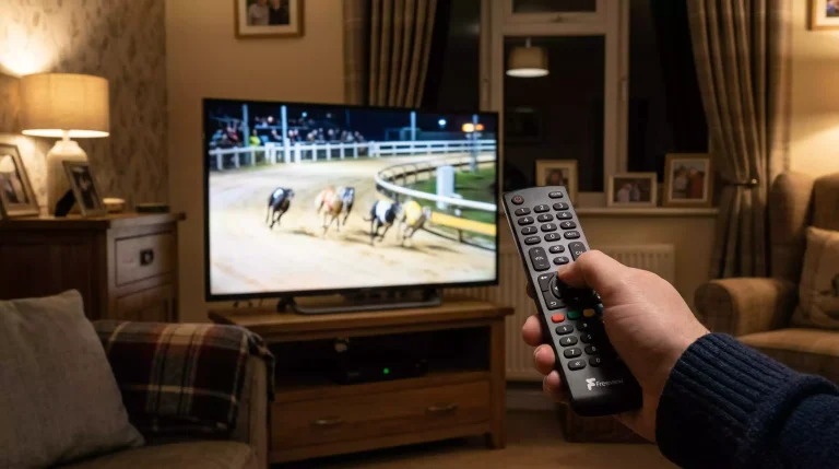Television remote pointed at a TV screen showing a greyhound racing broadcast on Freeview