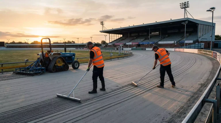 Greyhound racing track being prepared by groundskeepers before an evening meeting