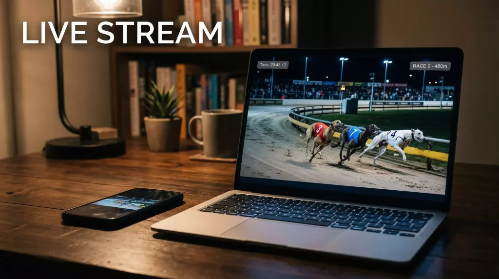 Greyhound racing live stream — laptop screen showing a greyhound race broadcast