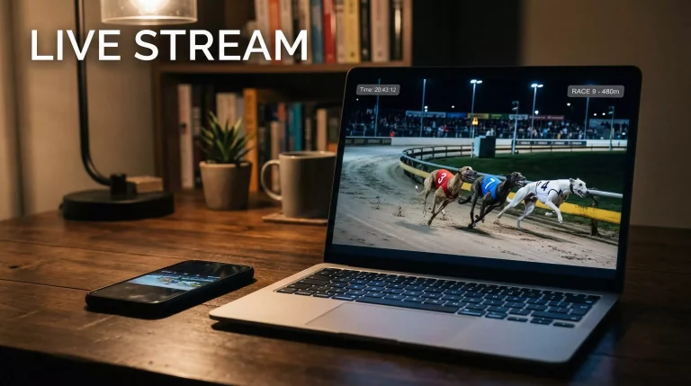 Greyhound racing live stream — laptop screen showing a greyhound race broadcast