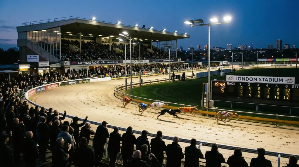 Greyhound racing stadium near London lit up on a busy evening race night