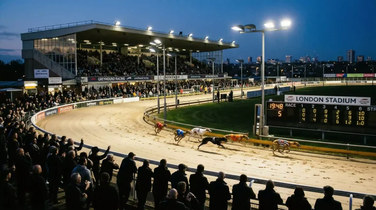 Greyhound racing stadium near London lit up on a busy evening race night