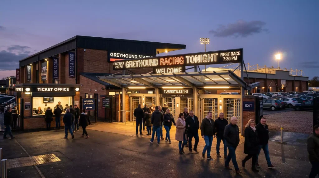 Entrance to a British greyhound racing stadium on a race night