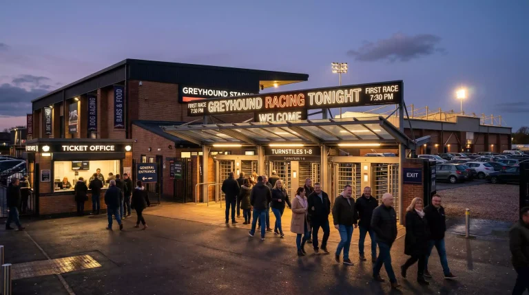 Entrance to a British greyhound racing stadium on a race night