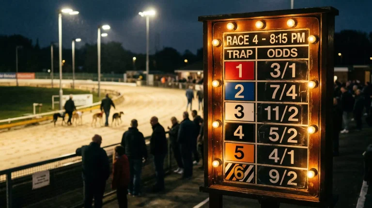 Trackside odds board at a greyhound stadium showing fractional prices before a race