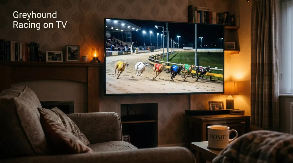 Greyhound racing on TV — live broadcast of dogs sprinting on a floodlit track
