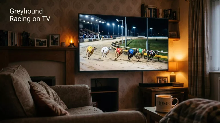 Greyhound racing on TV — live broadcast of dogs sprinting on a floodlit track