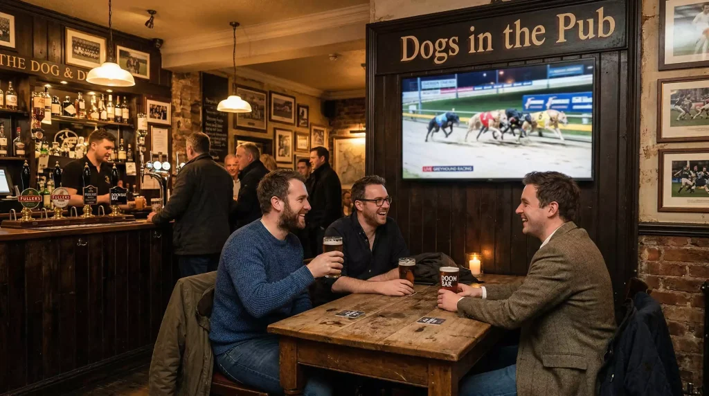 Greyhound racing shown on a big screen in a British pub
