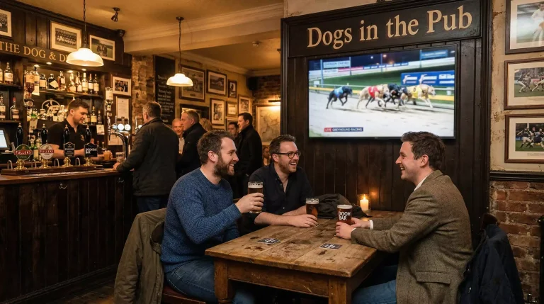 Greyhound racing shown on a big screen in a British pub