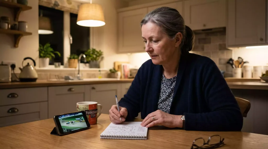Person watching a greyhound race on a smartphone with a notepad and pen for tracking bets
