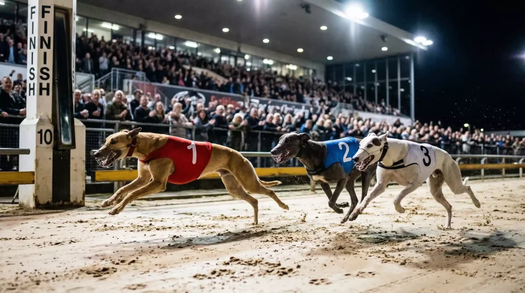 Greyhounds crossing the finishing line at a floodlit UK track