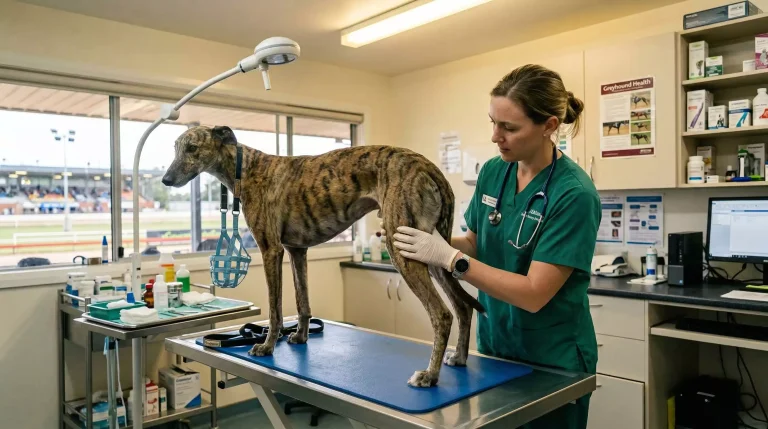 Veterinarian examining a greyhound at a licensed racing stadium before a race