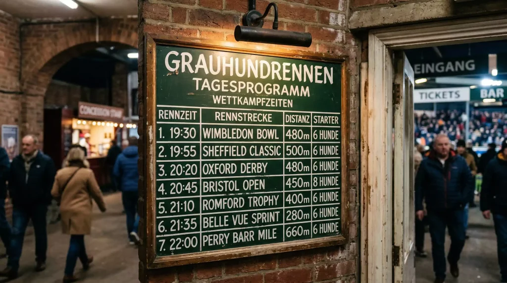 Greyhound racing fixture list displayed on a trackside information board
