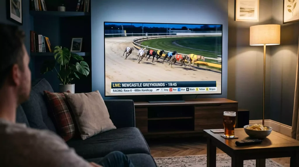 Greyhound racing broadcast on Sky Sports Racing shown on a large living room TV