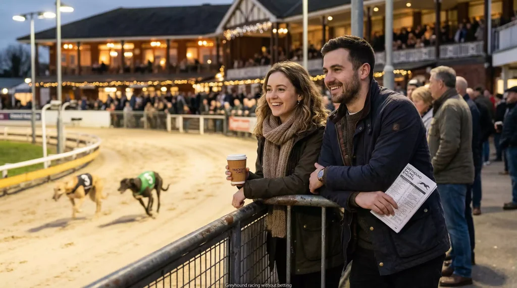 Spectators enjoying greyhound racing without betting at a UK track