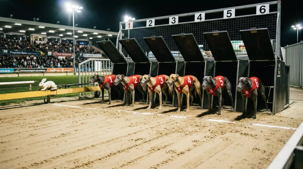 Six greyhounds in numbered racing jackets lined up at the starting traps