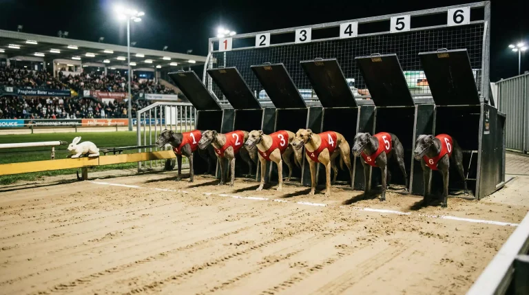 Six greyhounds in numbered racing jackets lined up at the starting traps