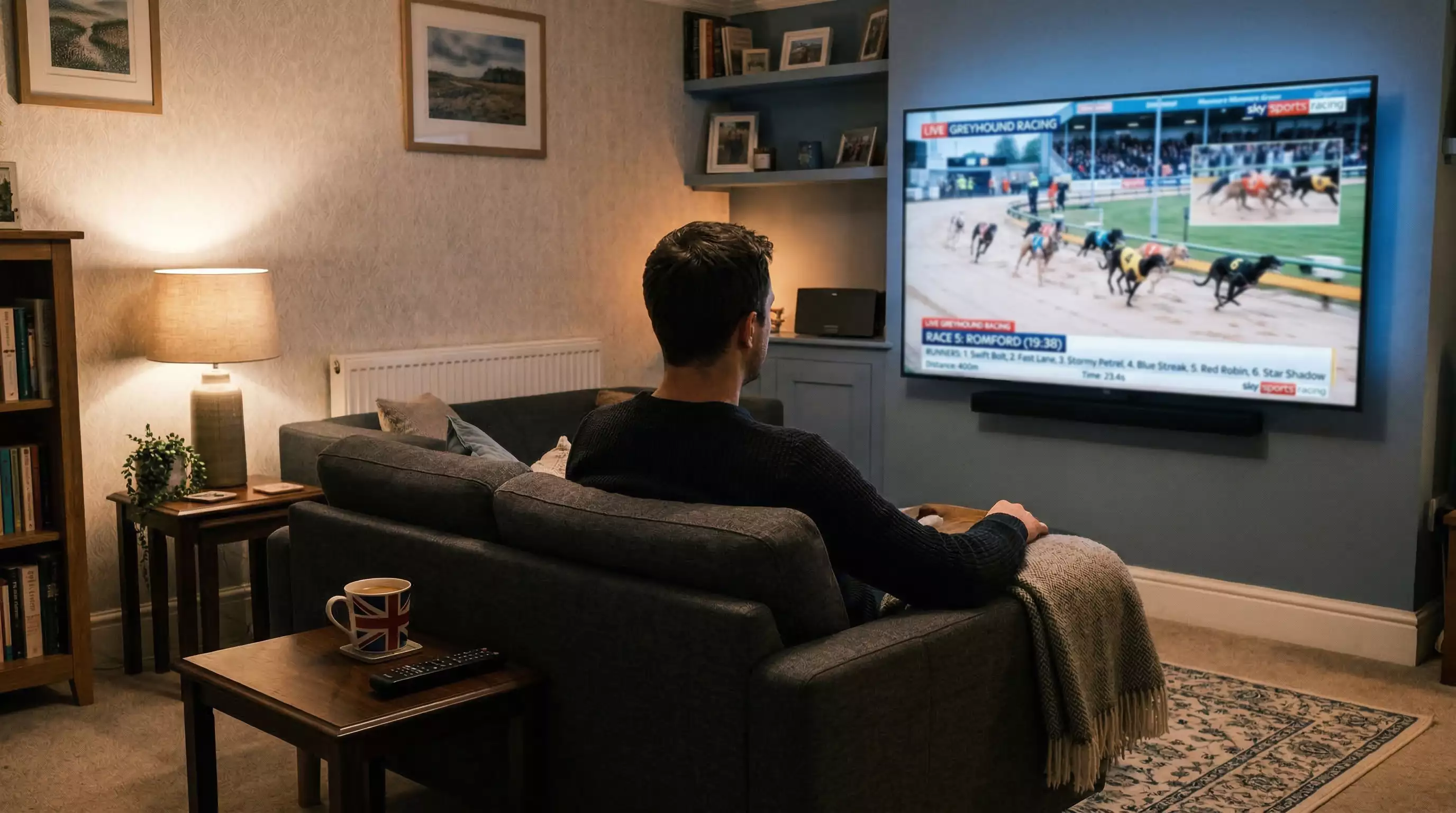 Sky Sports Racing television broadcast of a greyhound race with professional commentary and camera angles