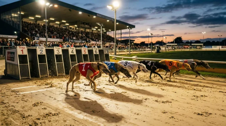 Greyhound racing live at a UK stadium with dogs sprinting out of the starting traps under floodlights
