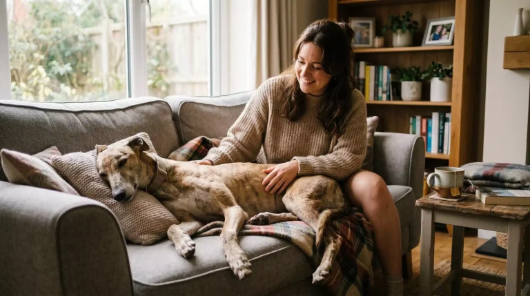Retired greyhound settling into a new home on a sofa with its adoptive owner