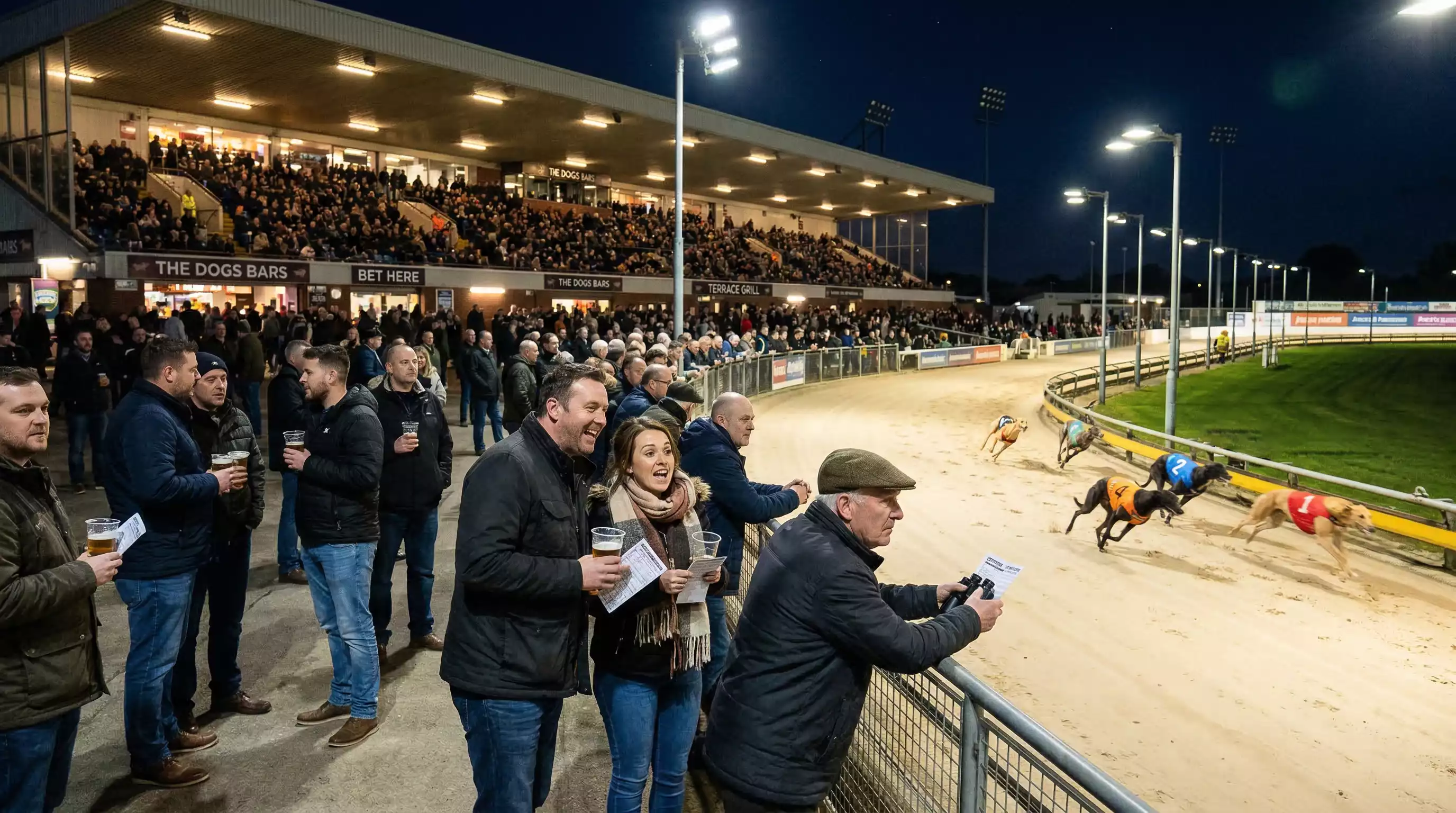 Spectators watching greyhound racing at an evening meeting at a UK stadium with floodlit track