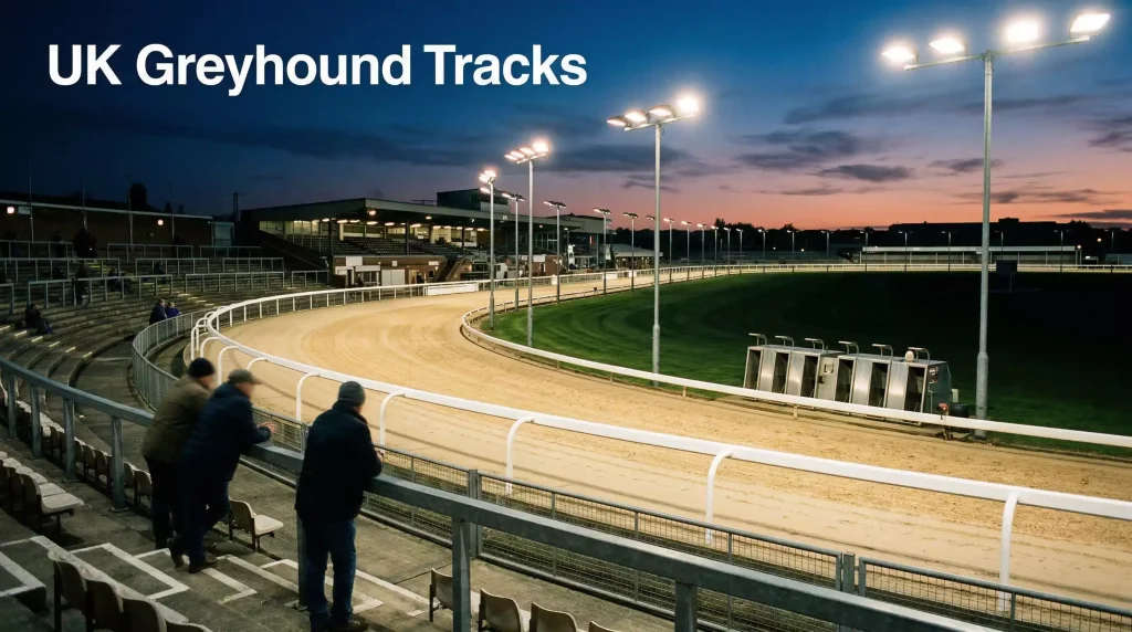 Greyhound tracks in the UK — floodlit stadium with empty sand track before a race meeting