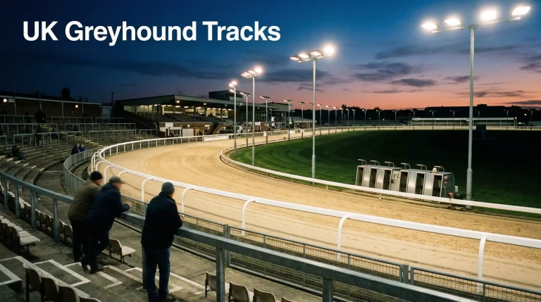 Greyhound tracks in the UK — floodlit stadium with empty sand track before a race meeting