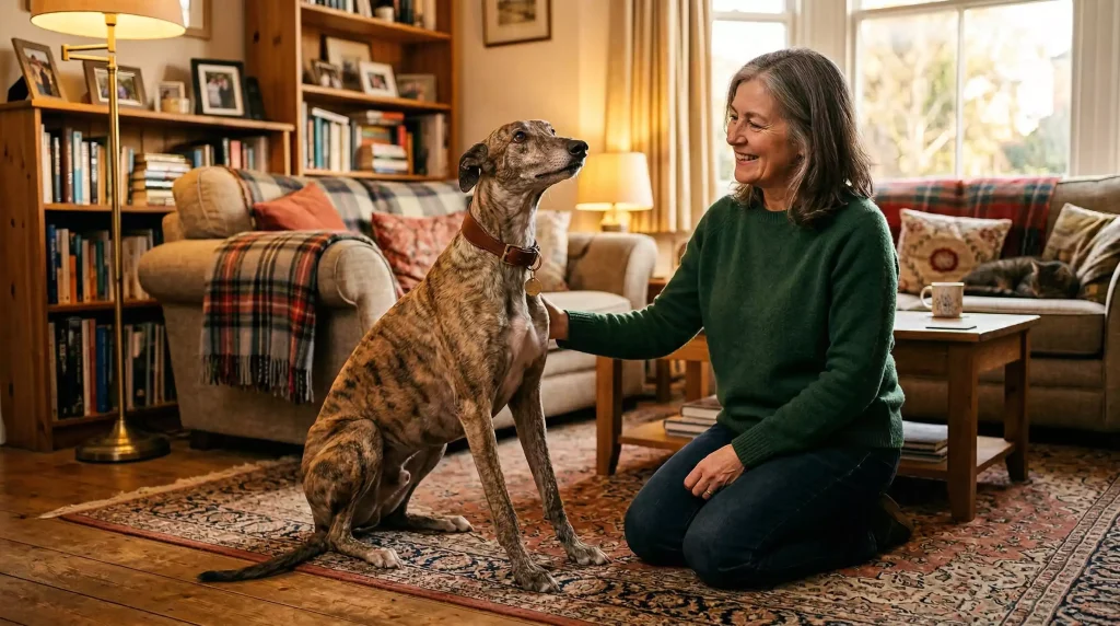 Retired greyhound being rehomed with a new family in the UK