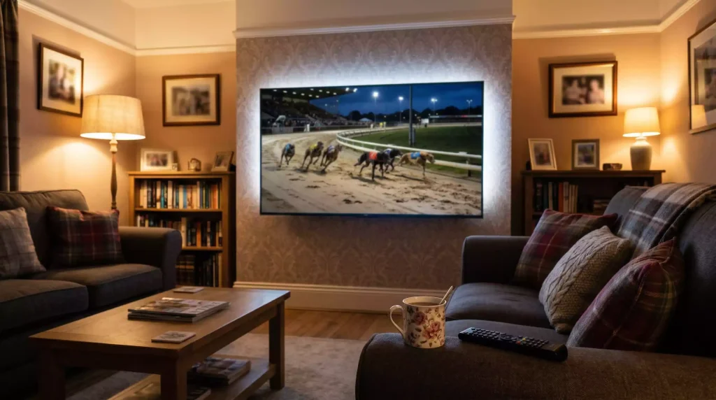 Watching greyhound racing at home on a smart TV in a cosy living room