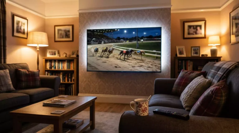 Watching greyhound racing at home on a smart TV in a cosy living room