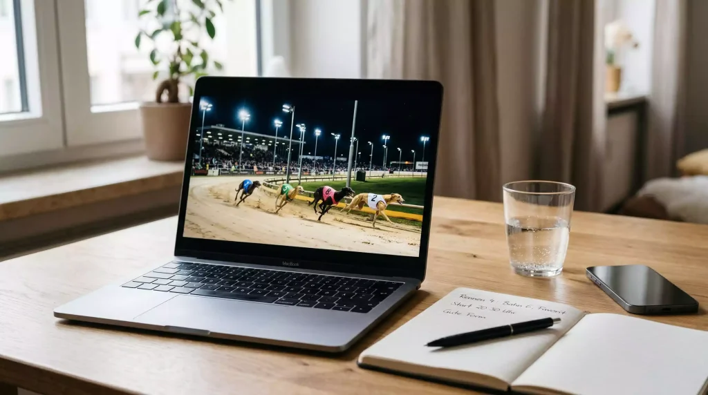 Laptop screen showing a greyhound racing live stream on a betting platform